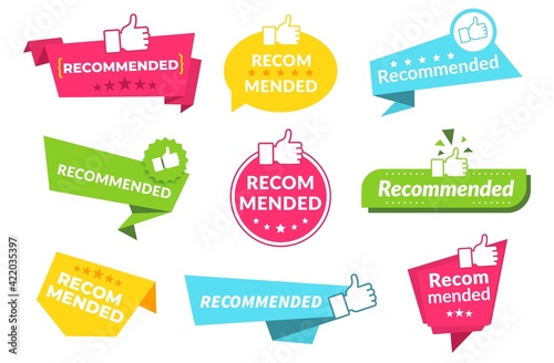 Recommend banners. Badges for marking best products or goods with approved quality. Recommendation stickers. Ribbons and signs of fists with raised thumbs. Vector promotional icons set
