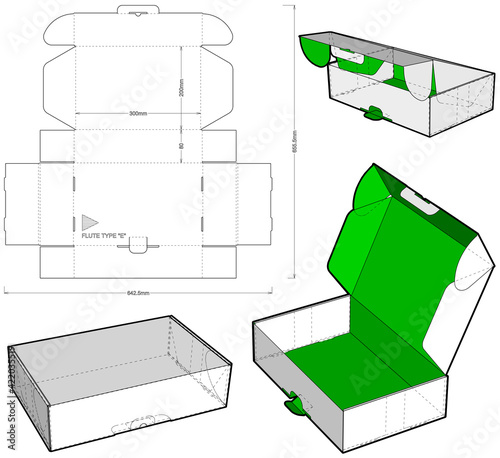 Cardboard box for sending mail. Flute Type E (Internal measurement 30 x 20 + 8 cm) and Die-cut Pattern. Ease of assembly, no need for glue.  The .eps file is full scale and fully functional.