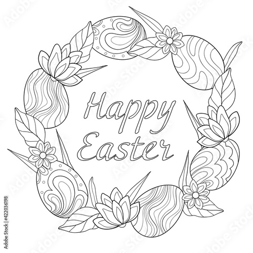 Eggs with patterns, simple flowers and leaves in a round wreath on a white isolated background. Easter spring illustration for coloring book pages.