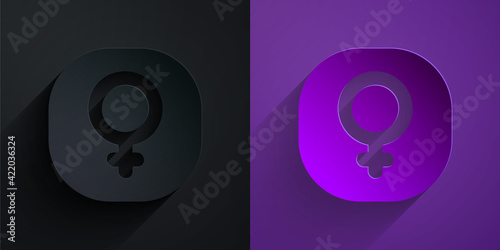 Paper cut Venus symbol icon isolated on black on purple background. Astrology, numerology, horoscope, astronomy. Paper art style. Vector