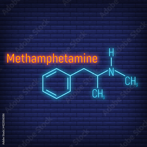 Methamphetamine glow neon style concept chemical formula icon label, text font vector illustration, isolated on wall background. Periodic element table.