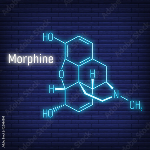 Morphine glow neon style concept chemical formula icon label, text font vector illustration, isolated on wall background. Periodic element table.
