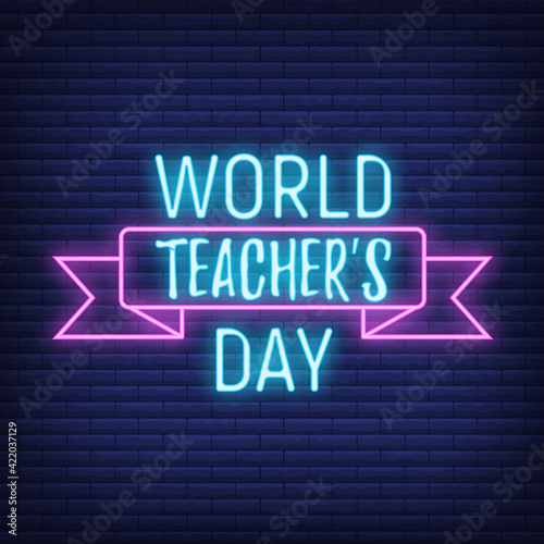 Concept neon best teacher day holiday font text quote, calligraphic inspiration celebration card flat vector illustration, decoration design label.