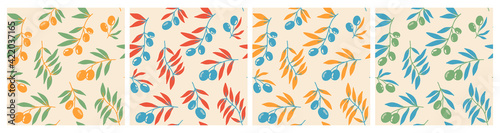 Seamless pattern of red olive branches background elements. Vector stock illustration. Prints on fabric, printed matter and wrapping paper. For greeting cards. A set of patterns for design.