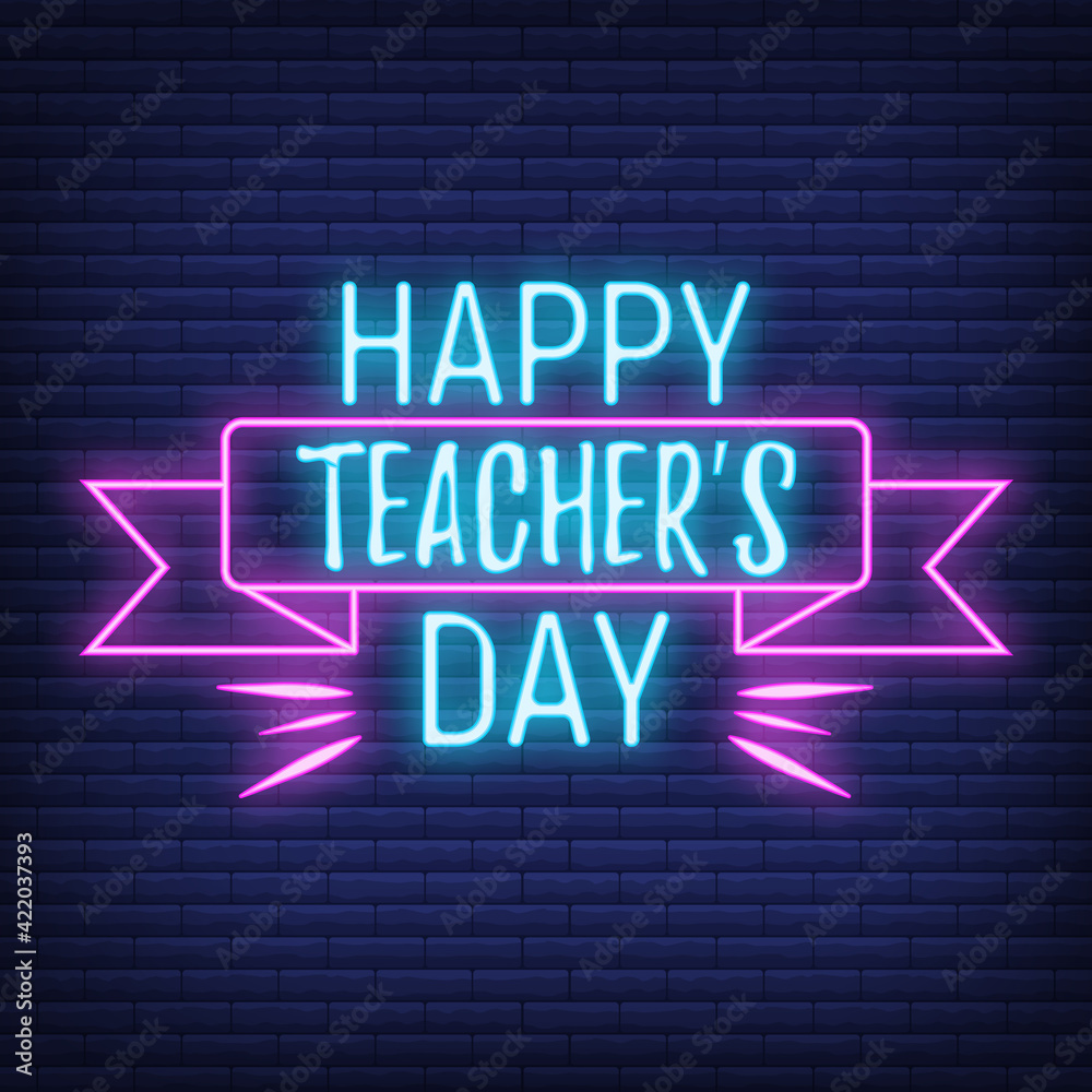 Concept neon best teacher day holiday font text quote, calligraphic inspiration celebration card flat vector illustration, decoration design label.