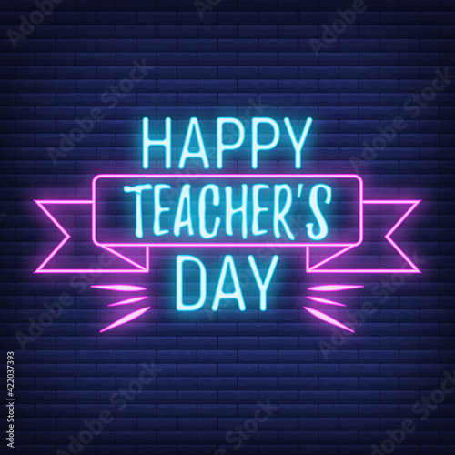 Concept neon best teacher day holiday font text quote, calligraphic inspiration celebration card flat vector illustration, decoration design label.