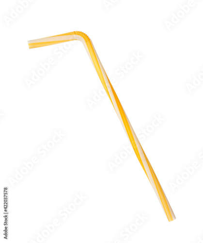 Yellow striped plastic straw for drink isolated on white