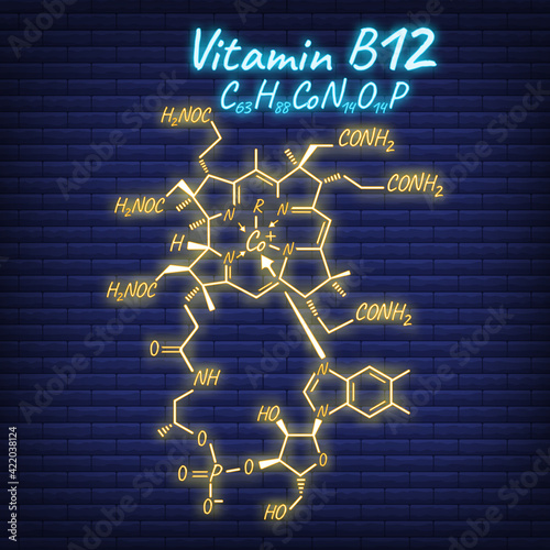 Vitamin B12 Label and Icon glow neon style. Vector Illustration isolated on wall background. Chemical Formula and Structure Logo