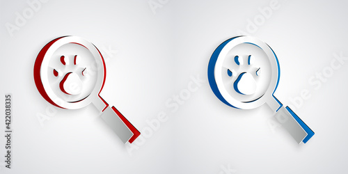 Paper cut Paw search icon isolated on grey background. Magnifying glass with animal footprints. Paper art style. Vector