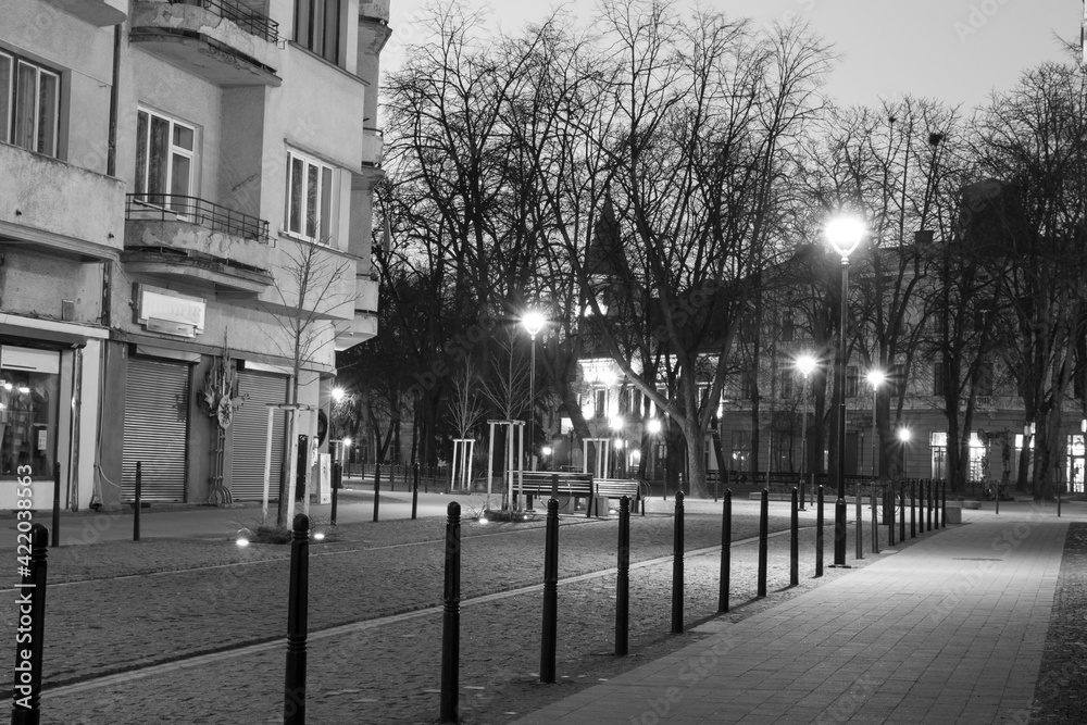 city ​​street at dawn in black and white