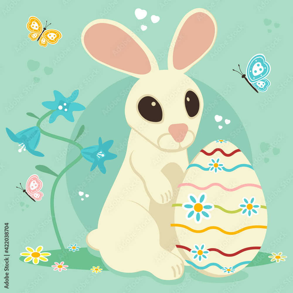 Happy easter background. Cartoon rabbit on a spring background with a beautiful egg, flowers and butterflies. Vector illustration. Happy easter background. Cartoon rabbit on a spring background with a beautiful egg, flowers and butterflies. Vector illustration.