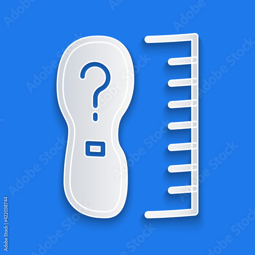 Paper cut Square measure foot size icon isolated on blue background. Shoe size, bare foot measuring. Paper art style. Vector