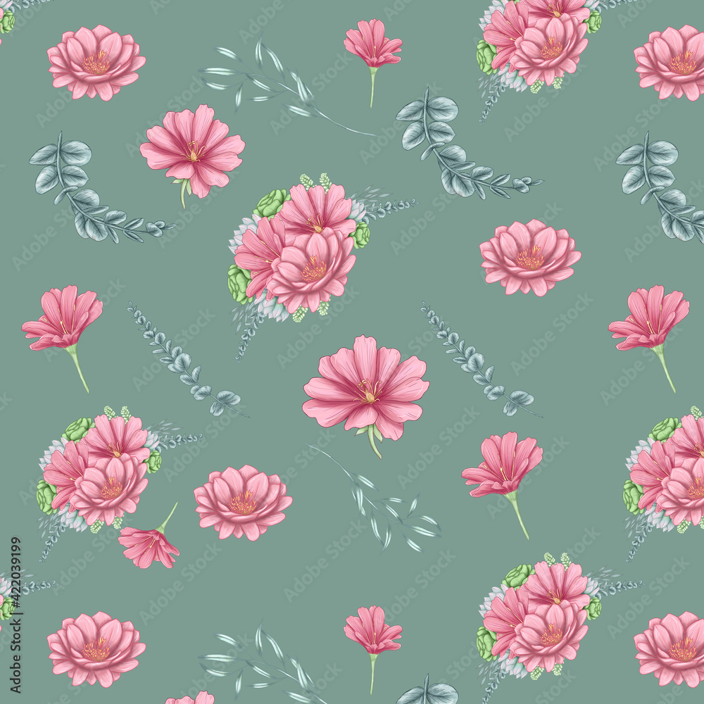 Lovely lewisia flowers with eucalyptys branches digital paper, summer seamless pattern