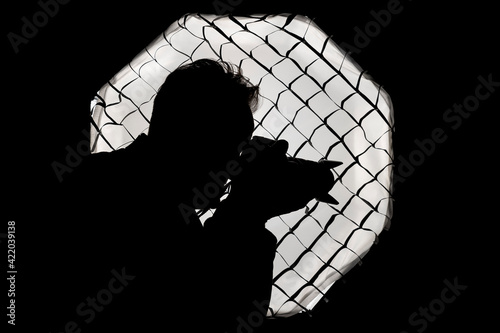 Silhouette of a photographer against a large light softbox with honeycomb grid, typical of a photo studio photo