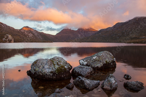 Beautiful ,spring ,sunset over Dove Lake and Cradle Mountain. Cradle Mountain Lake St Clair National Park. World Heritage Site. Central Highlands of Tasmania ,Australia. photo
