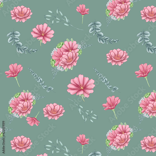 Lovely lewisia flowers with eucalyptys branches digital paper  summer seamless pattern