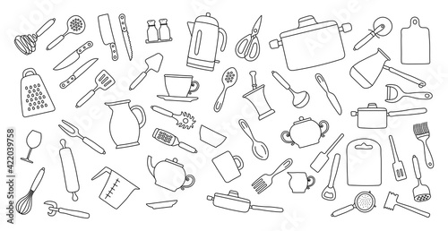 Kitchenware sketch set. Doodle line vector kitchen utensils, tools and cutlery.Kettle, saucepan, cezve, plate, cup and bowl. Whisk, spoon, knife, scissors, ladle and spatula