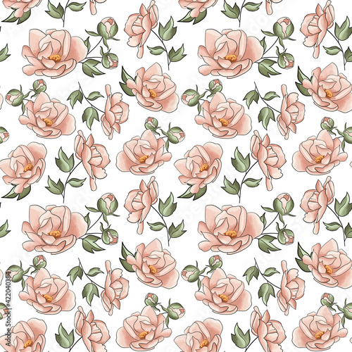 Seamless pattern in nature green style. Vintage rose pattern.  Leaves elements. Used for wallpaper, printing wrapping paper, textiles