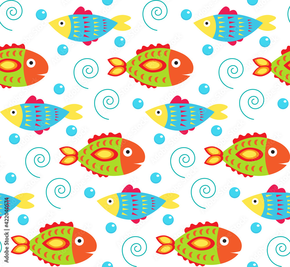 Cartoon baby fish seamless pattern. Cute fish endless background, texture. Vector illustration