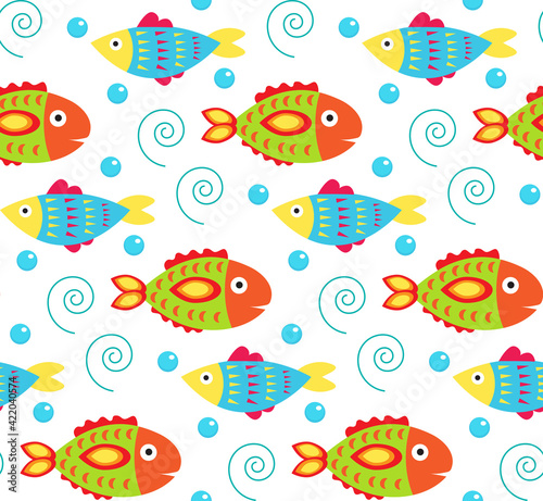 Cartoon baby fish seamless pattern. Cute fish endless background, texture. Vector illustration