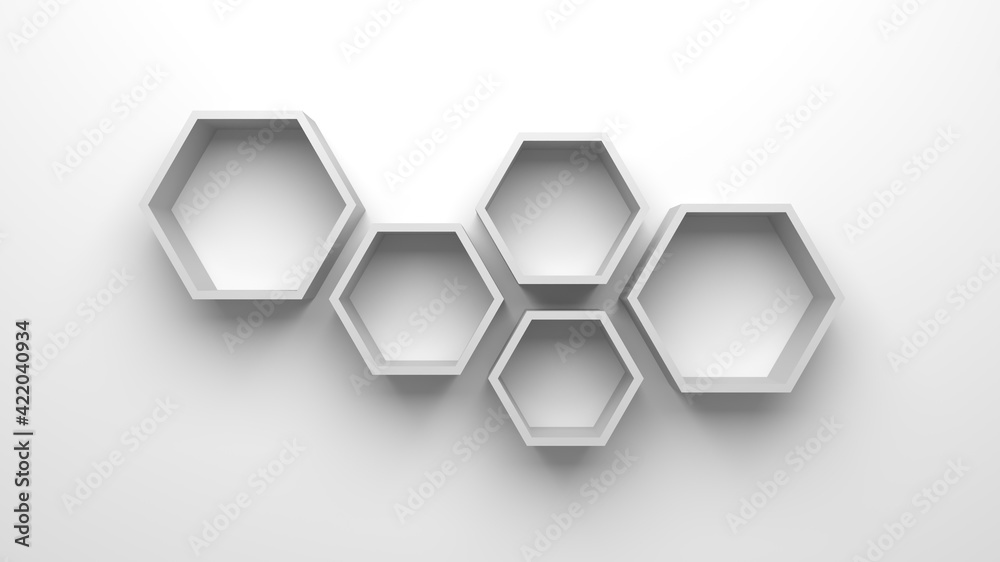 3d render white hexagonal shelves for books and things on a white background. 3d render white hexagonal shelves for books and things on a white background.