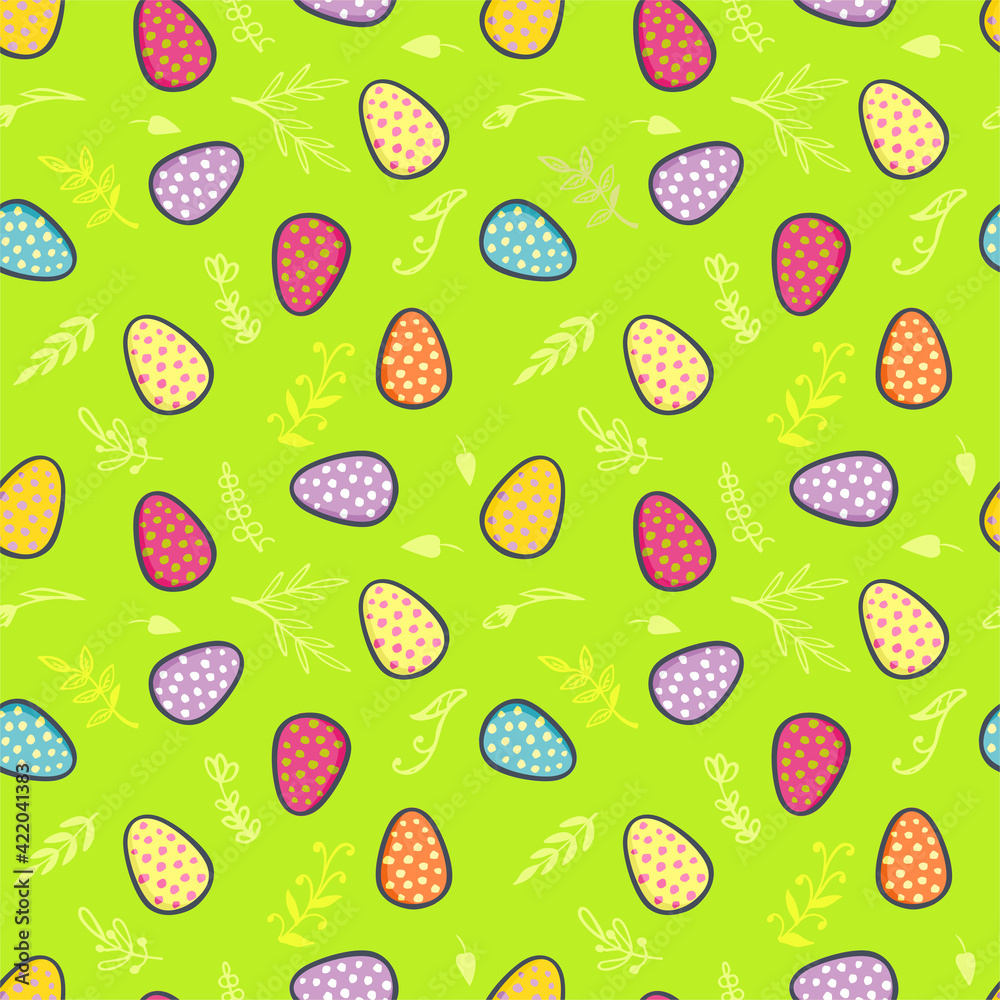 Easter eggs seamless pattern. Spring background with painted Easter eggs. Digital paper. Vector hand-drawn illustration in pastel colors. Ideal for textiles, fabric printing