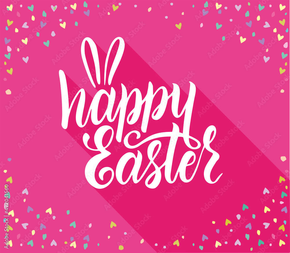 Happy Easter lettering on a pink background with a shadow. Easter celebrate banner, handwritten holiday wishes of a Happy Easter. Vector illustration.