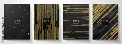 Modern black cover design set. Luxury dynamic gold line pattern. Creative premium stripe vector background for business catalog, brochure cover template, notebook, invite