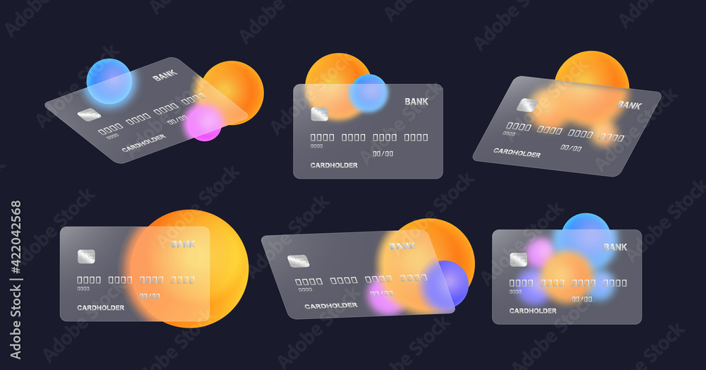 Glass bank cards with blurred circles, different colors and positions. Glassmorphism style Glass bank cards with blurred circles, different colors and positions. Glassmorphism style