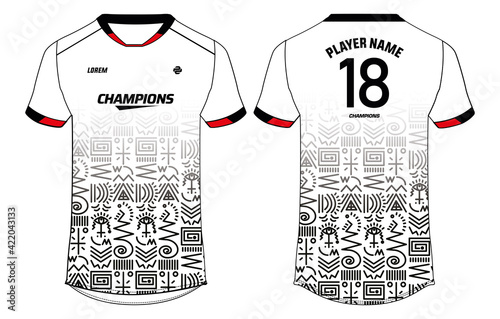 Tribal Pattern Sports t-shirt jersey design concept vector template, Football jersey concept with front and back view for Soccer, Cricket, Volleyball, Rugby, tennis, badminton and e sports uniform