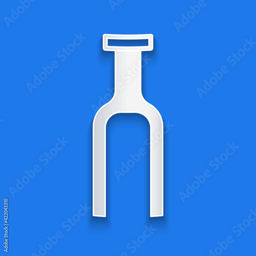 Paper cut Bicycle suspension fork icon isolated on blue background. Sport transportation spare part steering wheel. Paper art style. Vector