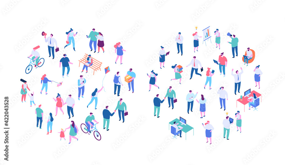 Different Isometric cartoon people vector set. Outdoor activities and Office life. Business people, Teamwork. People walking