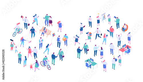 Different Isometric cartoon people vector set. Outdoor activities and Office life. Business people, Teamwork. People walking