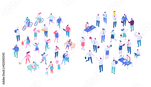Different Isometric cartoon people vector set. Outdoor activities and Office life. Business people, Teamwork. People walking