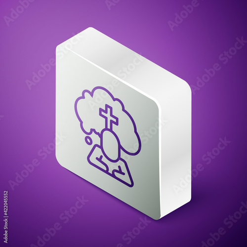 Isometric line Man graves funeral sorrow icon isolated on purple background. The emotion of grief, sadness, sorrow, death. Silver square button. Vector