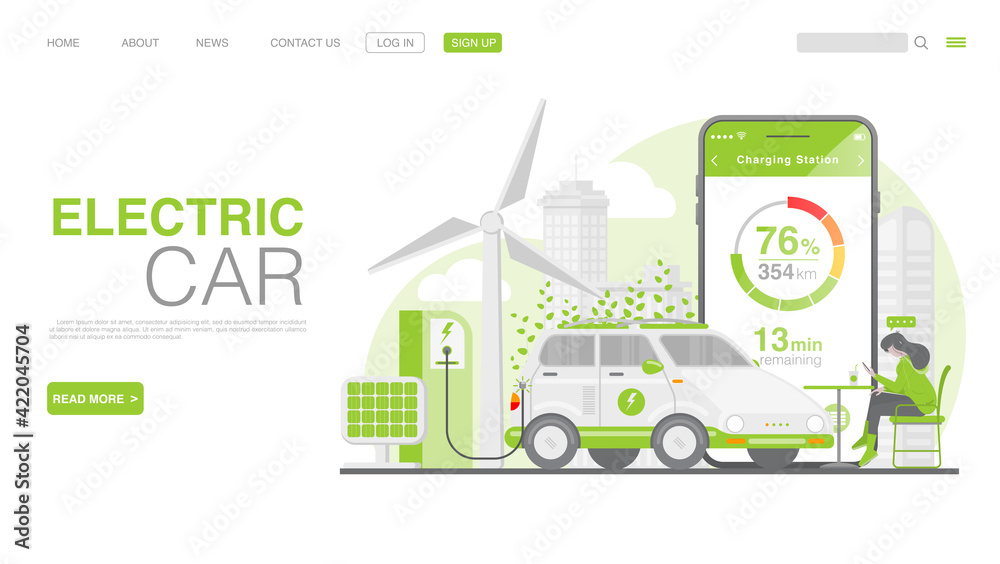 EV Car Or Electric Car At Charging Station. Concept Illustration For Green Environment. Landing Page in Flat Style. Vector EPS 10 EV Car Or Electric Car At Charging Station. Concept Illustration For Green Environment. Landing Page in Flat Style. Vector EPS 10