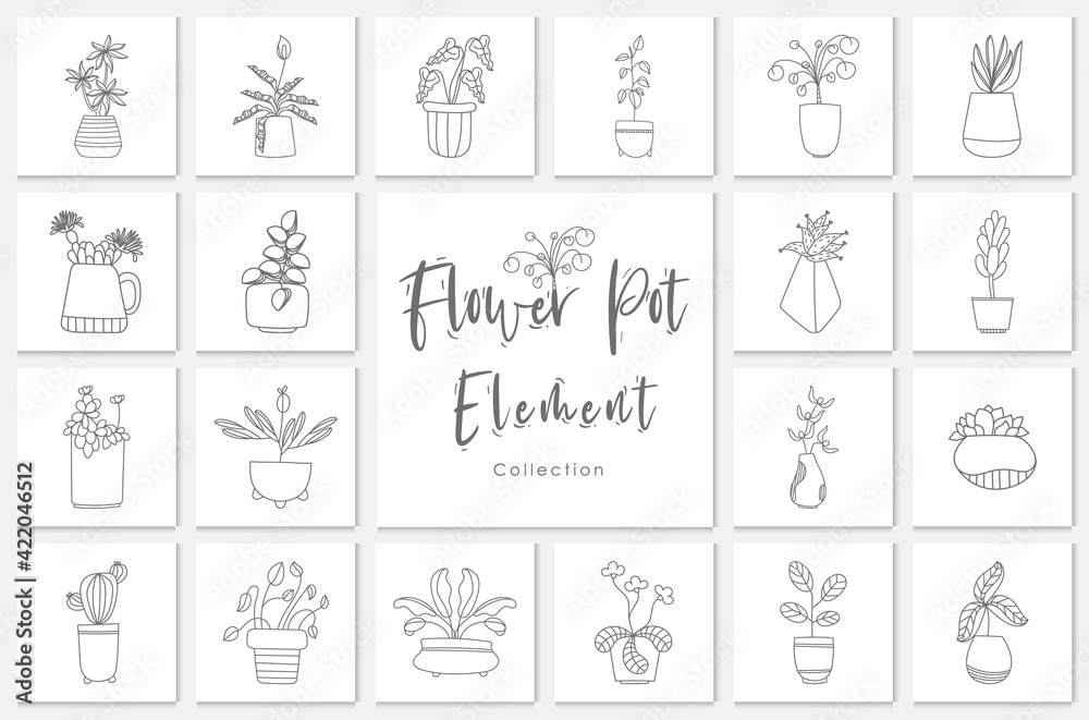 collection flower pot element lineart illustration,