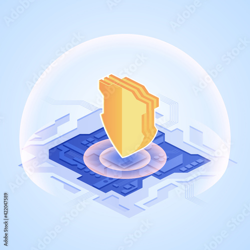 Guard shield on microchip in isometric design. Digital protection, antivirus program