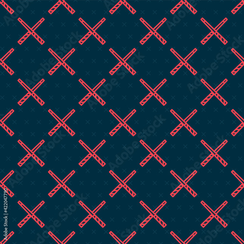 Red line Crossed billiard cues icon isolated seamless pattern on black background. Vector