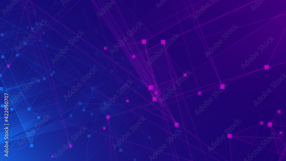 Abstract purple violet and blue polygon tech network with connect technology background. Abstract dots and lines texture background. 3d rendering.