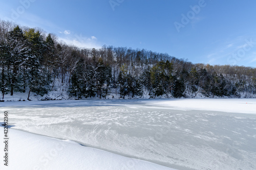 Frozen over lake at a state park after a blizzard