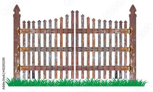 Realistic old wooden fences gates vector.  Vector fences and gates illustration isolated on white background. Elements for rural design. Old wooden gate on white background