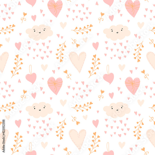 Vector Seamless pattern with cute Clouds and pink hearts, beige branches. Baby background. Perfect for Valentine Day cards, invitation, flyers, poster.