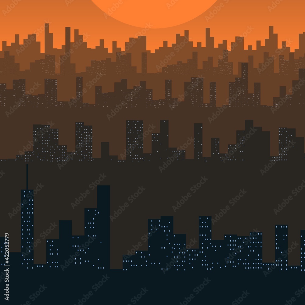 stylized huge urban metropolis silhouetted against the setting sun