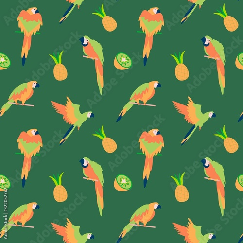 Seamless pattern with parrot, pineapple and kiwi on deep green background Flat illustration