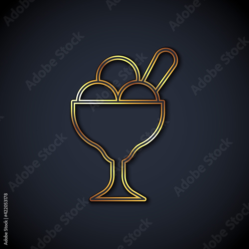 Gold line Ice cream in the bowl icon isolated on black background. Sweet symbol. Vector