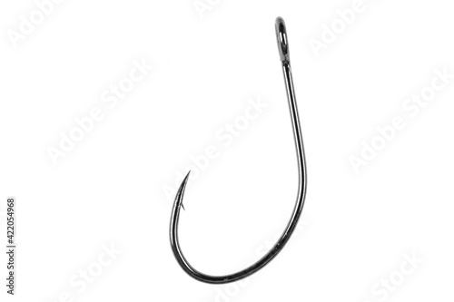 Fishing hook isolated on a white background. Fishing hook close up. Fishing tackle. Macro shot stainless steel fishing hooks