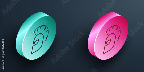 Isometric line Greek helmet icon isolated on black background. Antiques helmet for head protection soldiers with a crest of feathers or horsehair. Turquoise and pink circle button. Vector