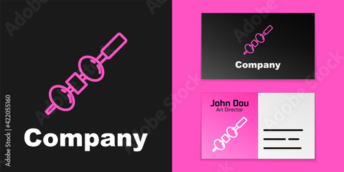 Pink line Olive and cheese on chopstick icon isolated on black background. Canape, tapas with cheese and olive. Logo design template element. Vector