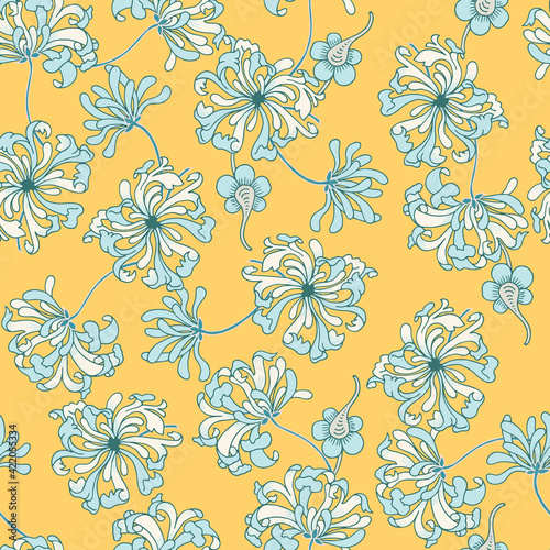 Vintage Chrysanthemum Flowers Vector Seamless Pattern